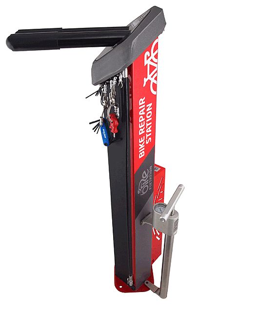 Bike Fixtation's new Deluxe Public Workstand includes pump and tethered tools Bicycle Retailer